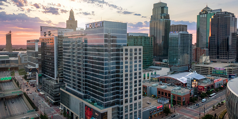 Power & Light District from above at sunset