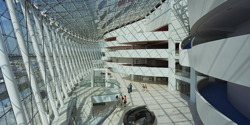 Interior of the Kauffman Center for the Performing Arts on a sunny day
