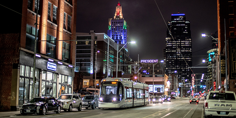 KC Streetcar at night