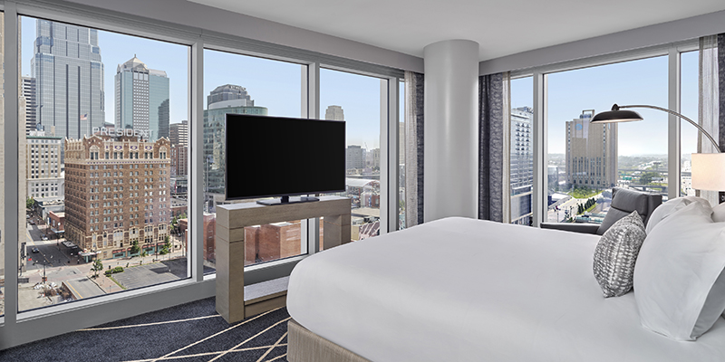 Hotel room in Loews Kansas City Hotel with KC skyline views
