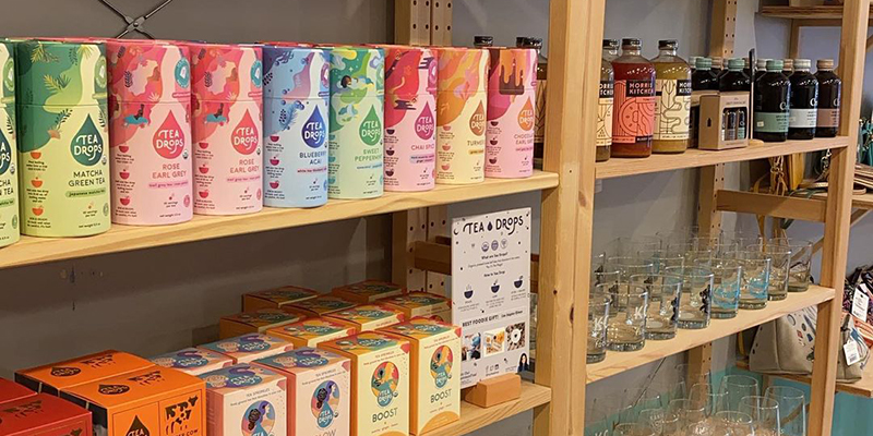 Shelf full of Tea Drops tea at Mid Coast Modern