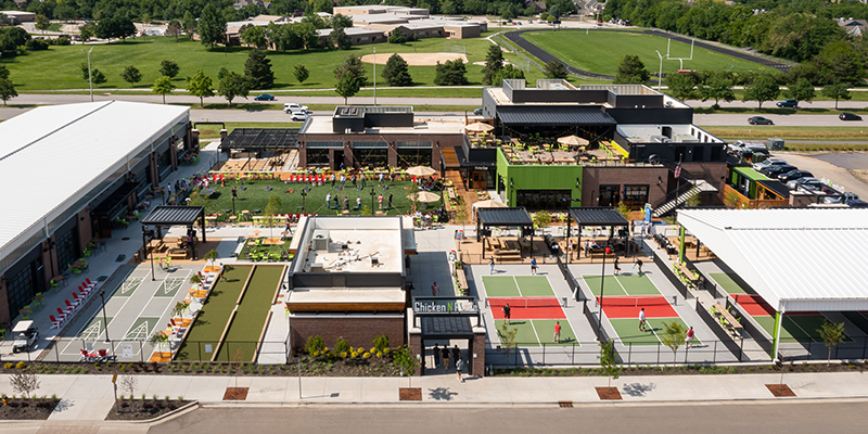 Aerial view of pickleball courts at Chicken N Pickle