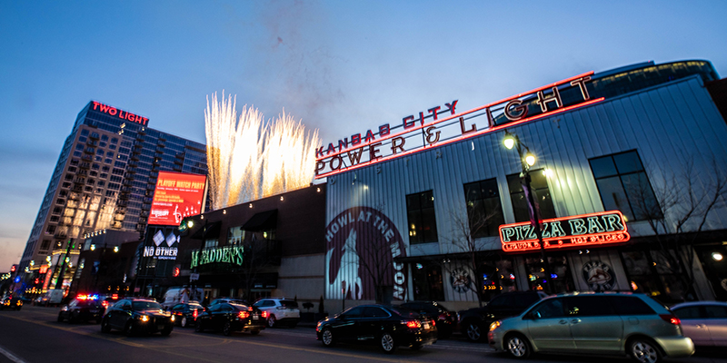 Power & Light District Shops and Restaurants beneath fireworks