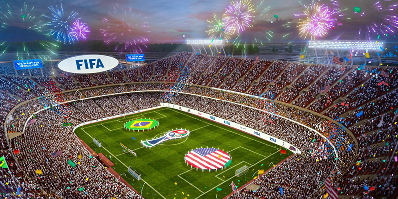 Rendering of a full Arrowhead Stadium with FIFA graphics and fireworks overhead