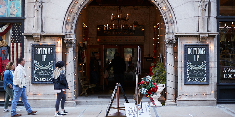 Shoppers outside vintage store in West Bottoms