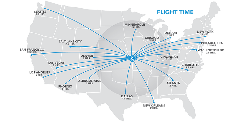 Graphic showing flight times to Kansas City